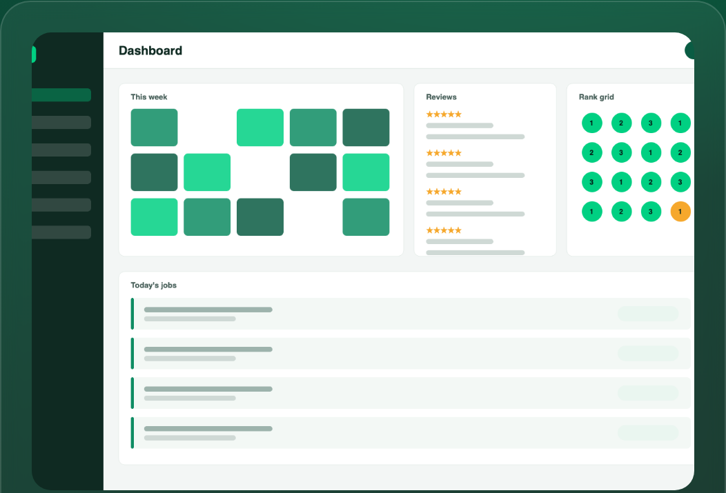 Detailers Ranking platform dashboard showing a full booking calendar and local rank tracking for a detailing shop
